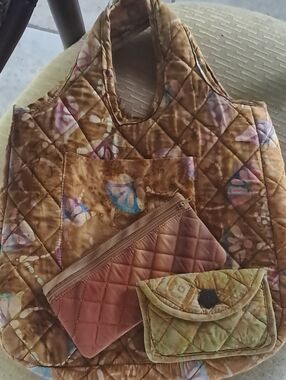 Quilted Batik Tote Bag in Brown with Matching Wallet And Coin Purse